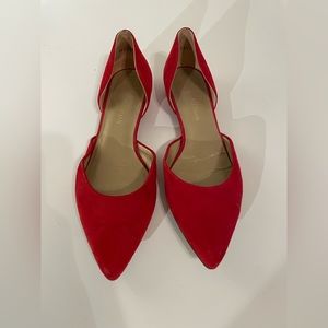 Used J Crew red suede pointy toed flats. Size 9.5.